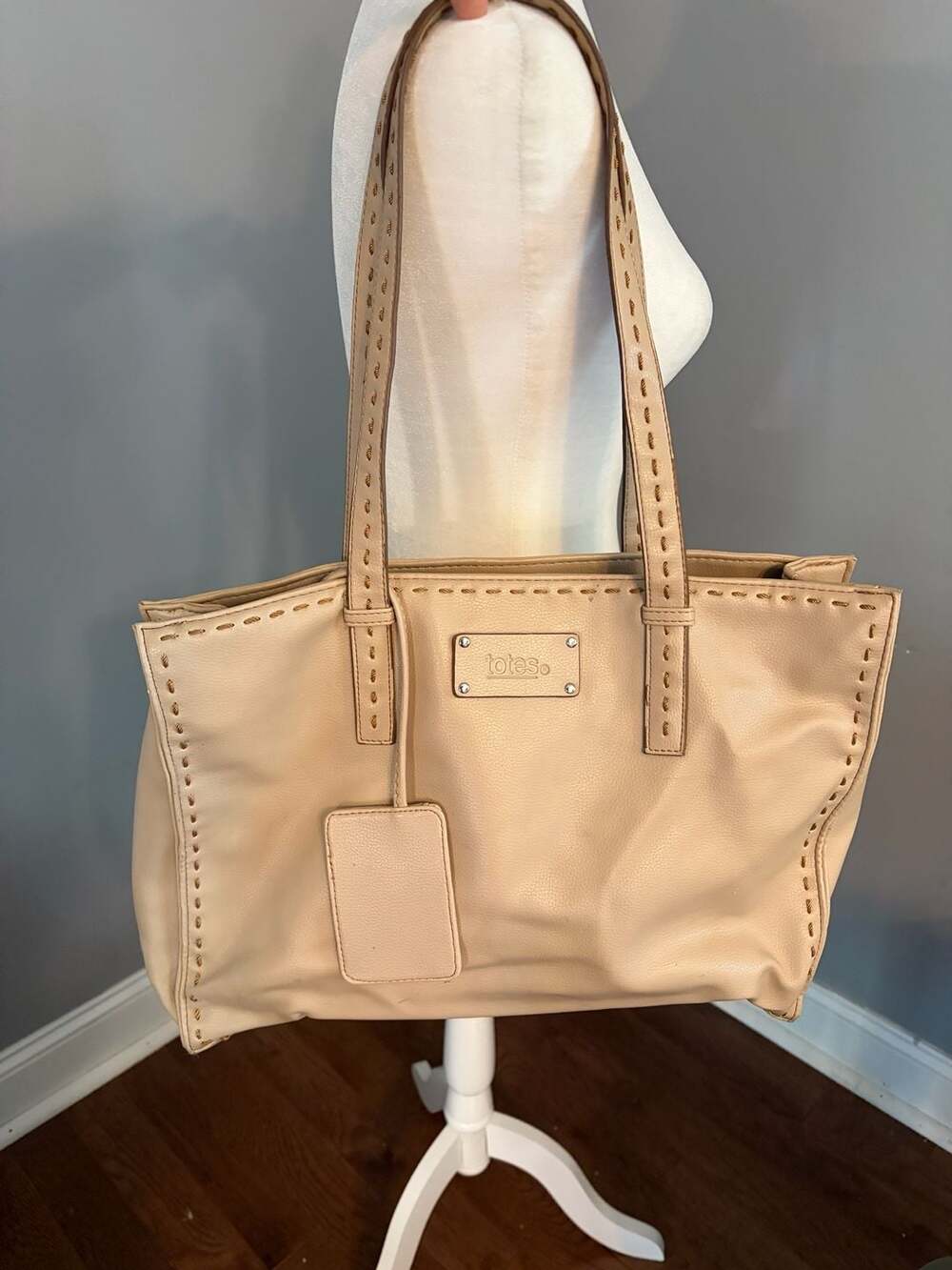 Totes Beige Leather Tote Bag with Studded Trim